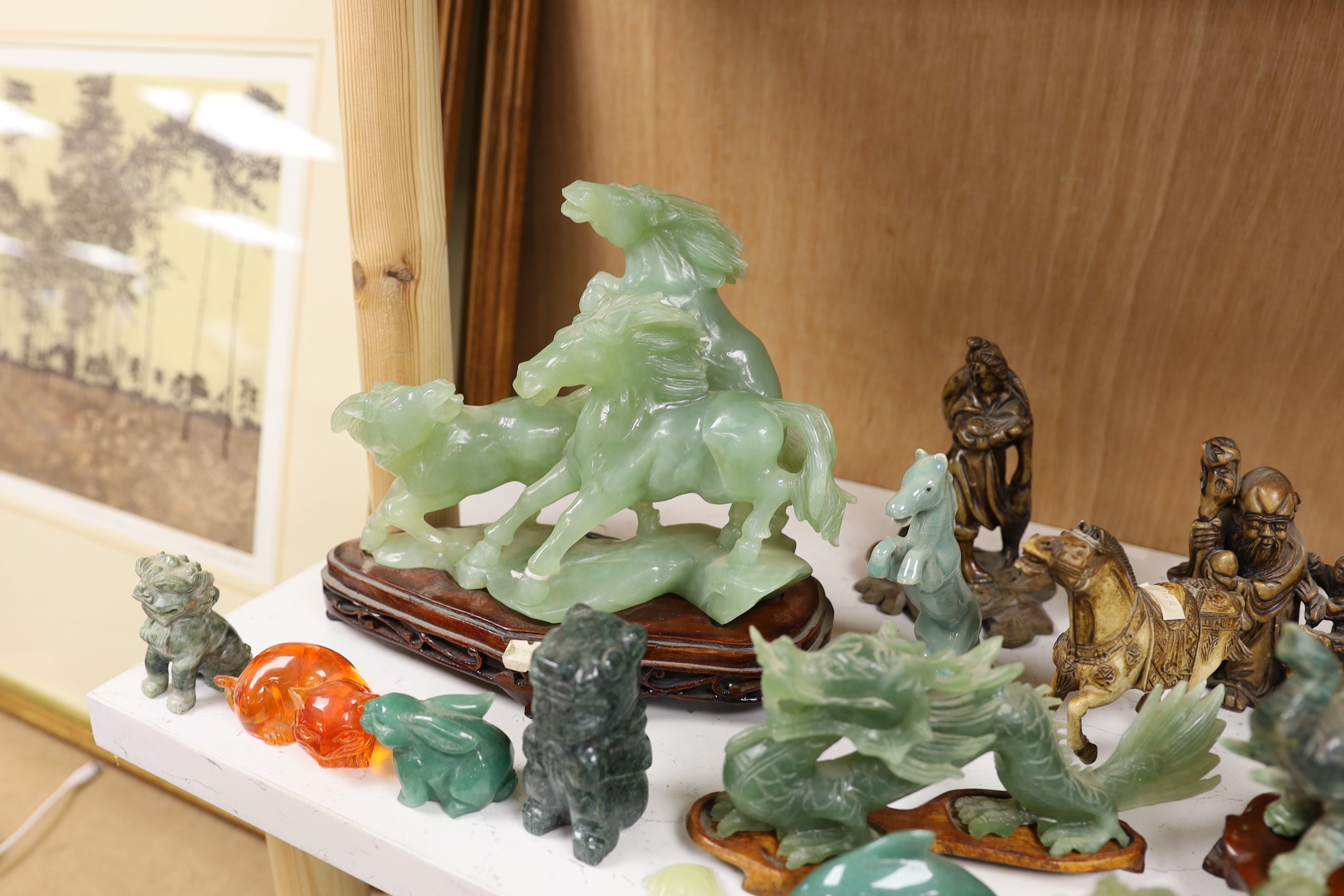 A large collection of Chinese hardstone carvings etc., The largest 19 cm high
